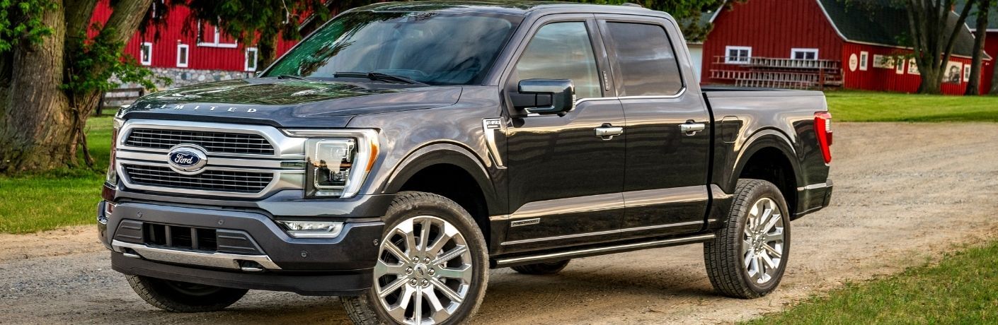 A black Ford F-150 front quarter view