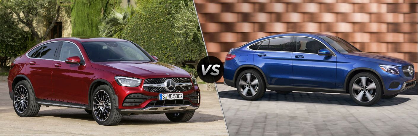2020 MB GLC Coupe exterior front fascia and passenger side vs 2019 MB GLC Coupe exterior passenger side profile in front of blurred brick wall