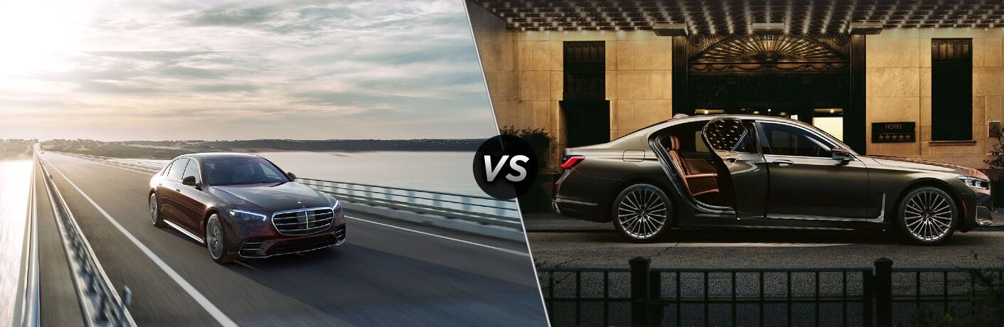 2022 Mercedes-Benz S-Class Sedan next to the 2022 BMW 7 Series