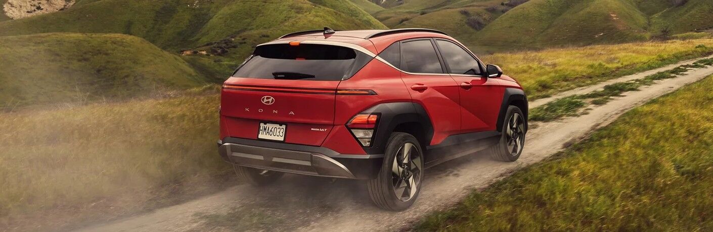 Hyundai Kona rear view on a trail