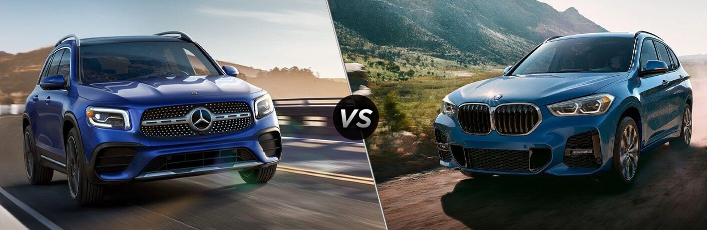 Blue 2022 Mercedes-Benz GLB Front on Coast Road vs Blue 2022 BMW X1 on Dirt Road