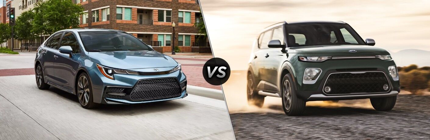 2021 Hyundai Kona next to the 2021 Kia Soul