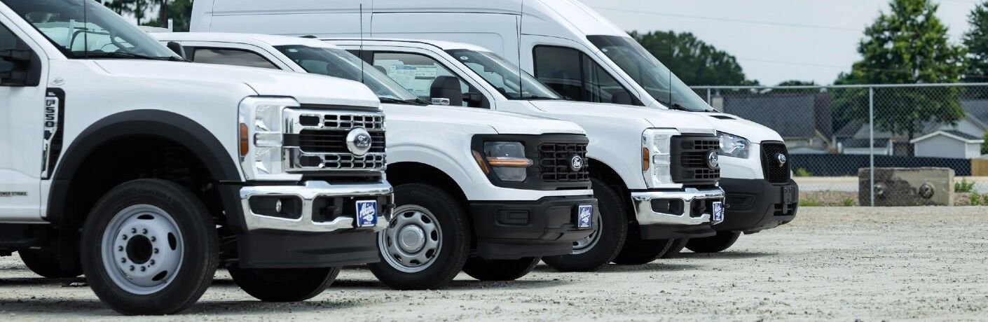 Commercial Ford trucks and vans in a line