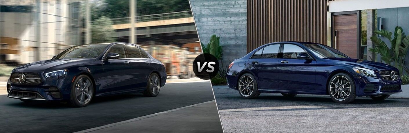 Black 2022 Mercedes-Benz E-Class Front on City Street vs Blue 2022 Mercedes-Benz C-Class in a Driveway