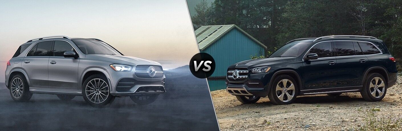 Silver 2022 Mercedes-Benz GLE in a Desert vs Black 2022 Mercedes-Benz GLS at the Lake