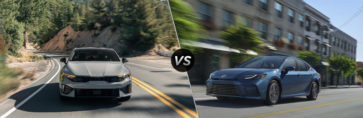 2025 Kia K5 next to the 2025 Toyota Camry