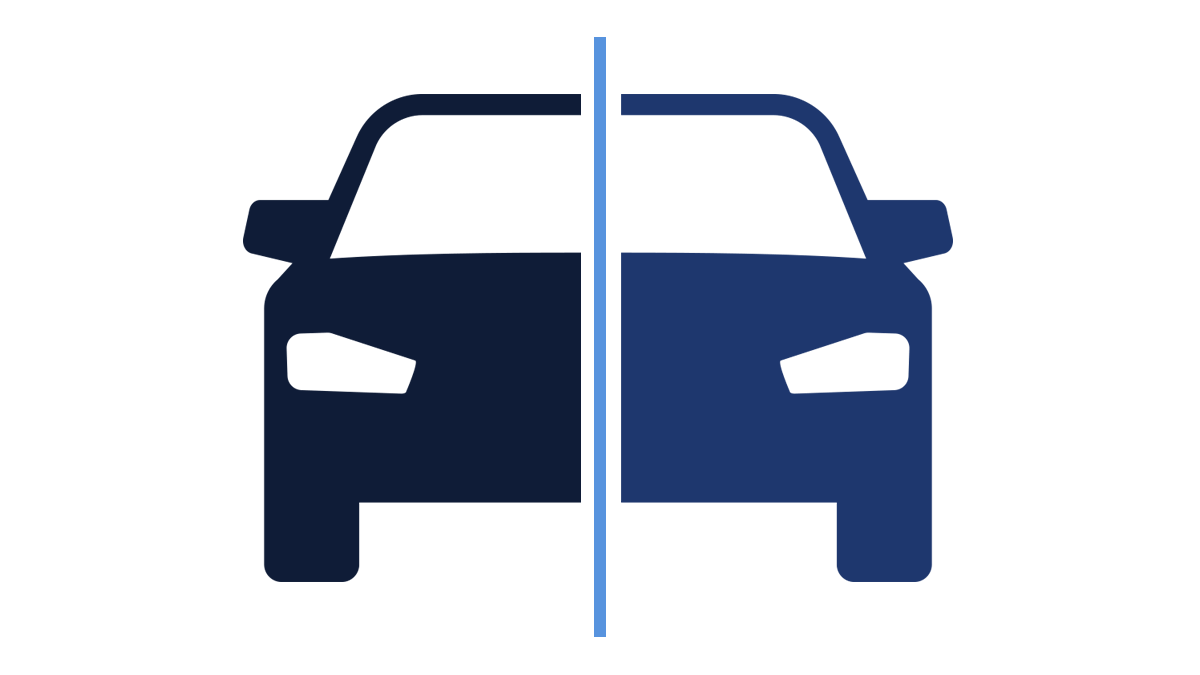 Illustration of a car split in half one side is dark navy and the other side is lighter navy