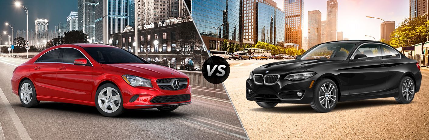 2018 MB CLA 250 exterior front fascia and passenger side in city vs 2018 BMW 230i exterior front fascia and drivers side in city