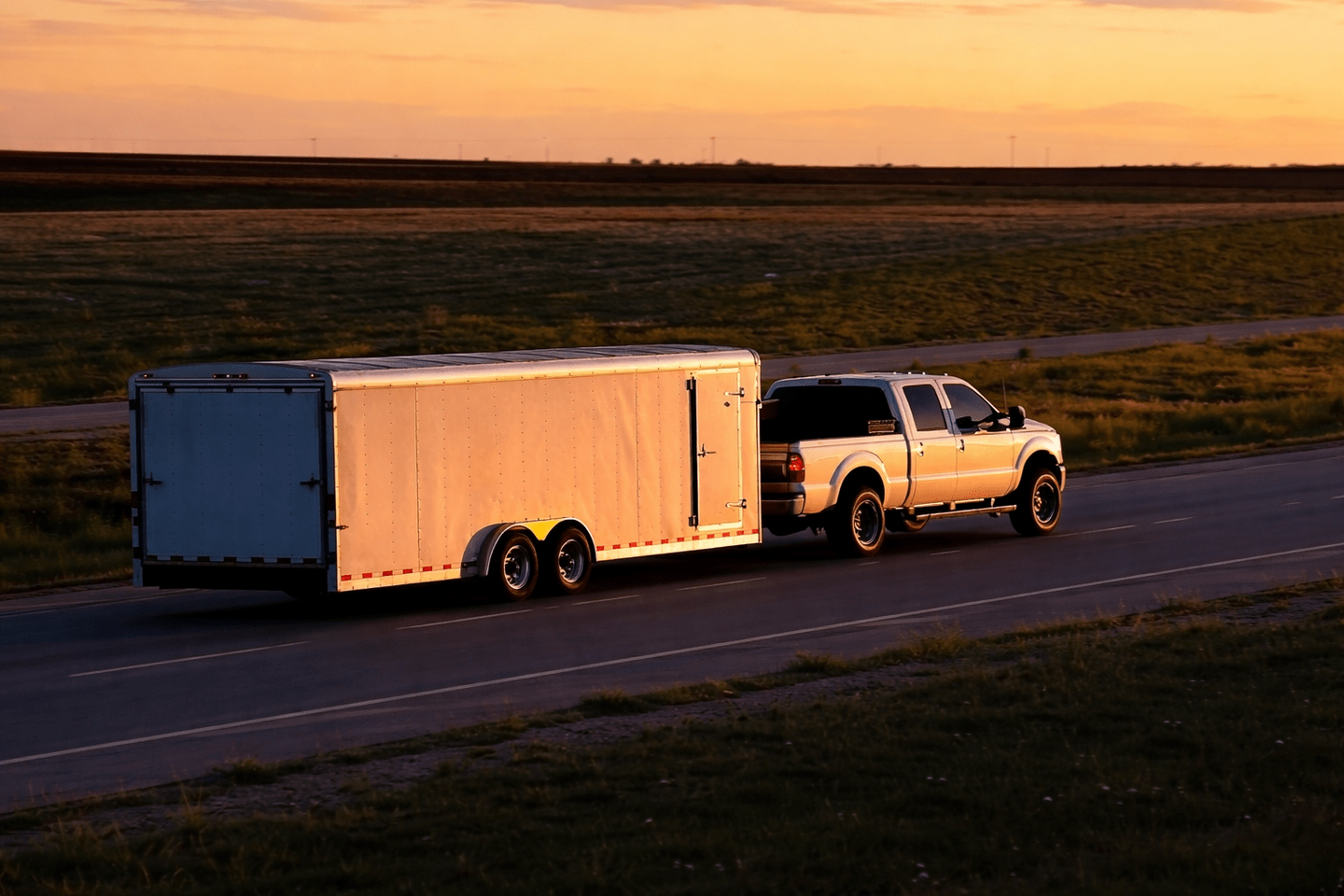 Truck towing enclosed trailer at sunset — North Texas Truck Stop