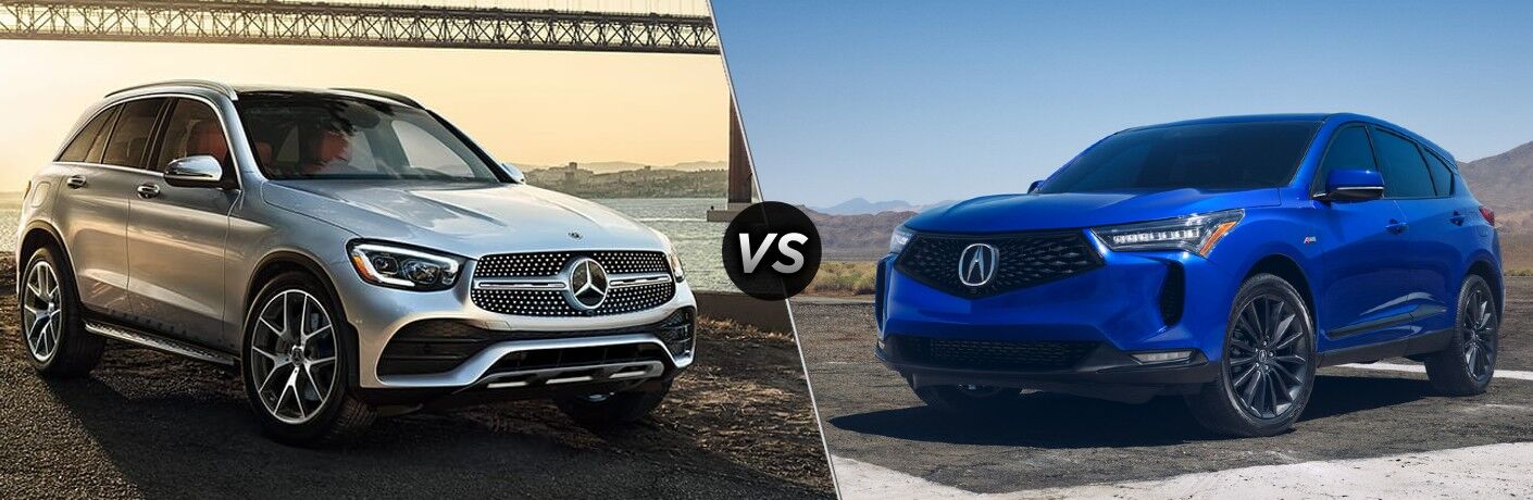 Silver 2022 Mercedes-Benz GLC Front Next to a Bridge vs Blue 2022 Acura RDX Front on a Track