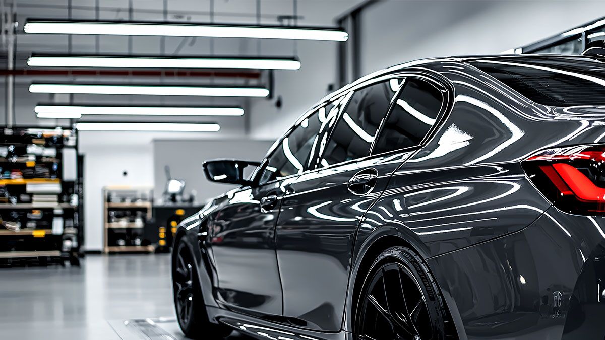 Car parked inside shop for window tint film application