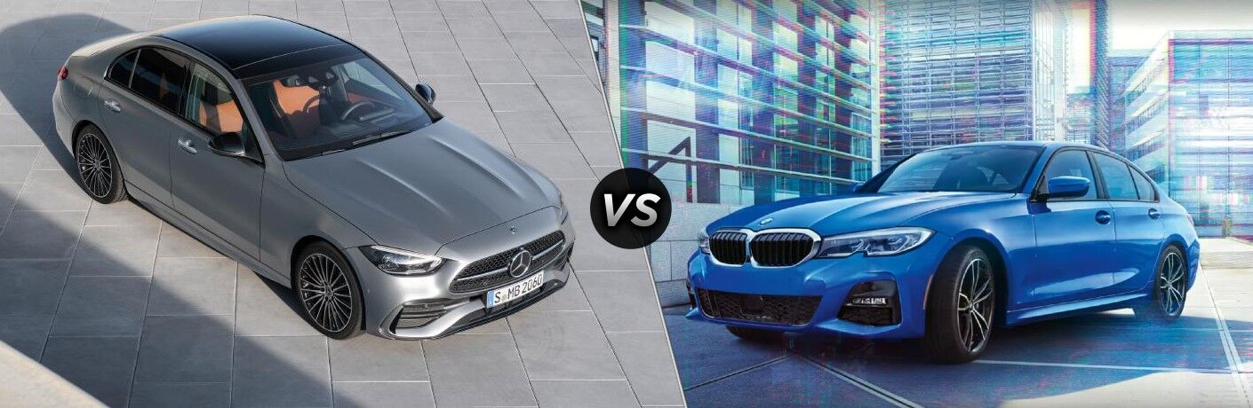 2022 Mercedes-Benz C-Class next to the 2022 BMW 3 Series
