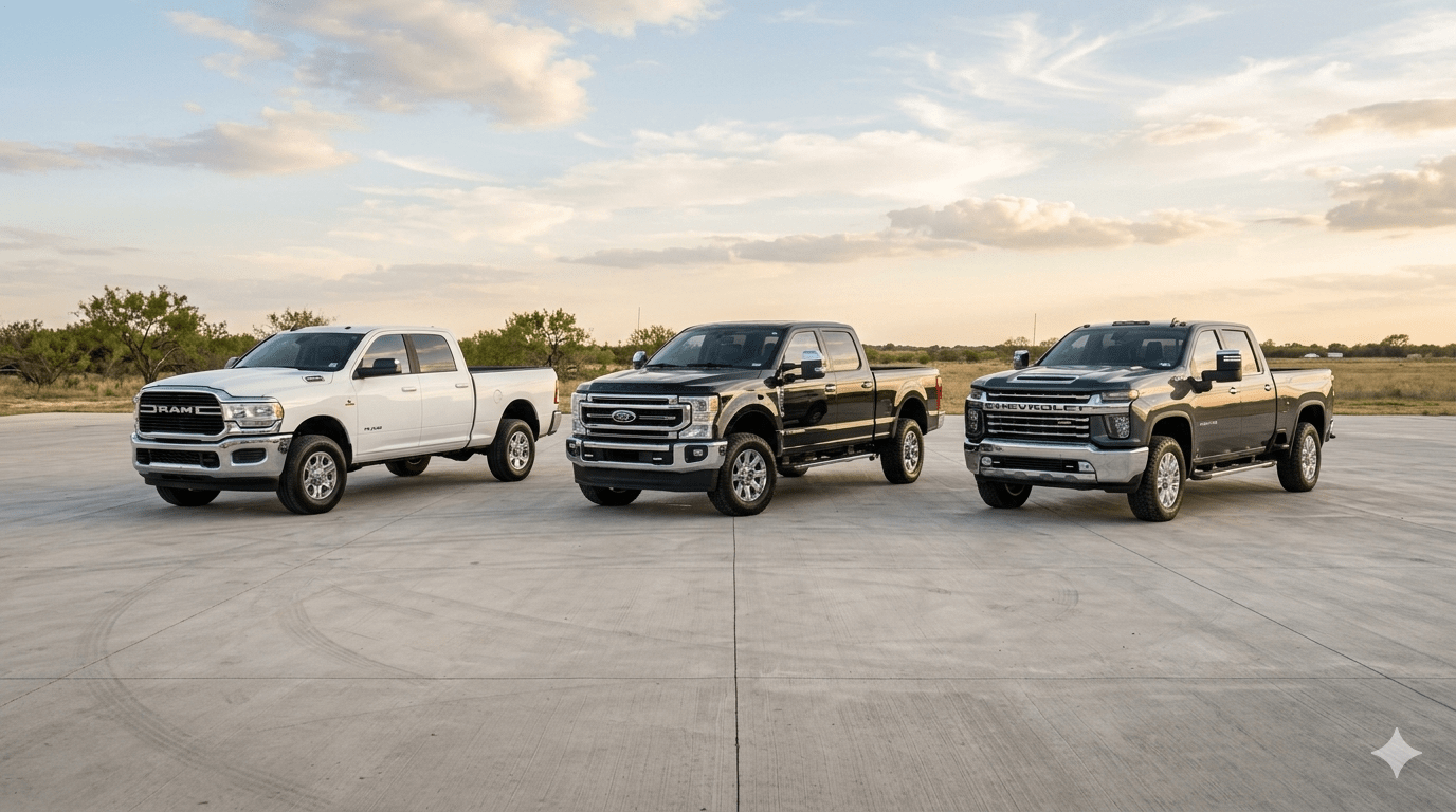 Heavy-duty diesel pickup trucks including Ram Cummins, Ford Power Stroke, and Chevrolet Duramax models commonly available for sale in the Dallas–Fort Worth area.