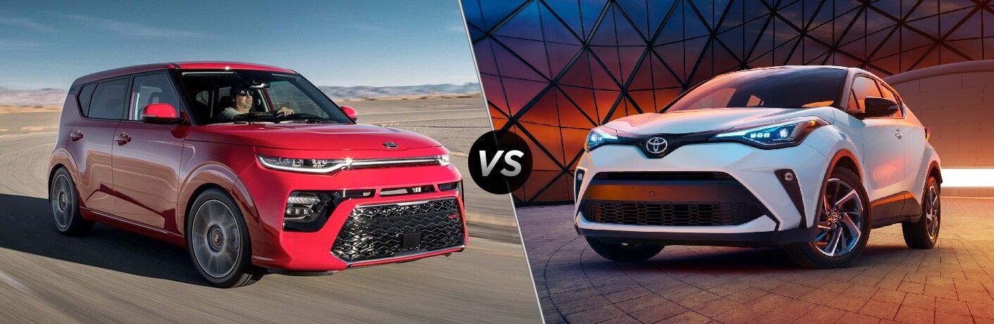 Comparison image of a red 2020 Kia Soul and a white 2020 Toyota C-HR