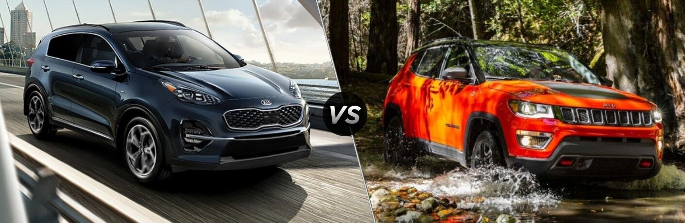 Comparison image of a blue 2020 Kia Sportage and an orange 2020 Jeep Compass