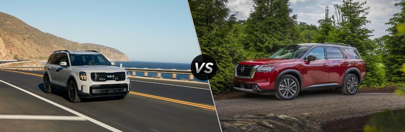 2024 Kia Telluride next to the 2024 Nissan Pathfinder
