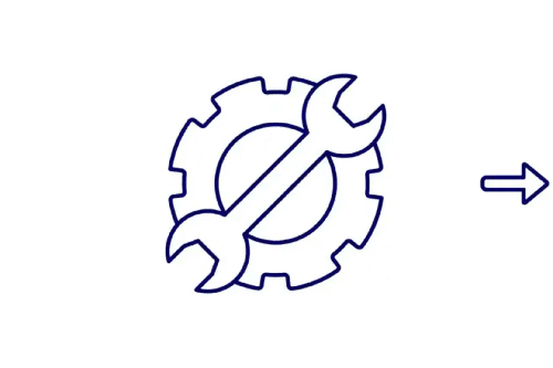Icon drawing of a wrench over a gear with arrow pointing away