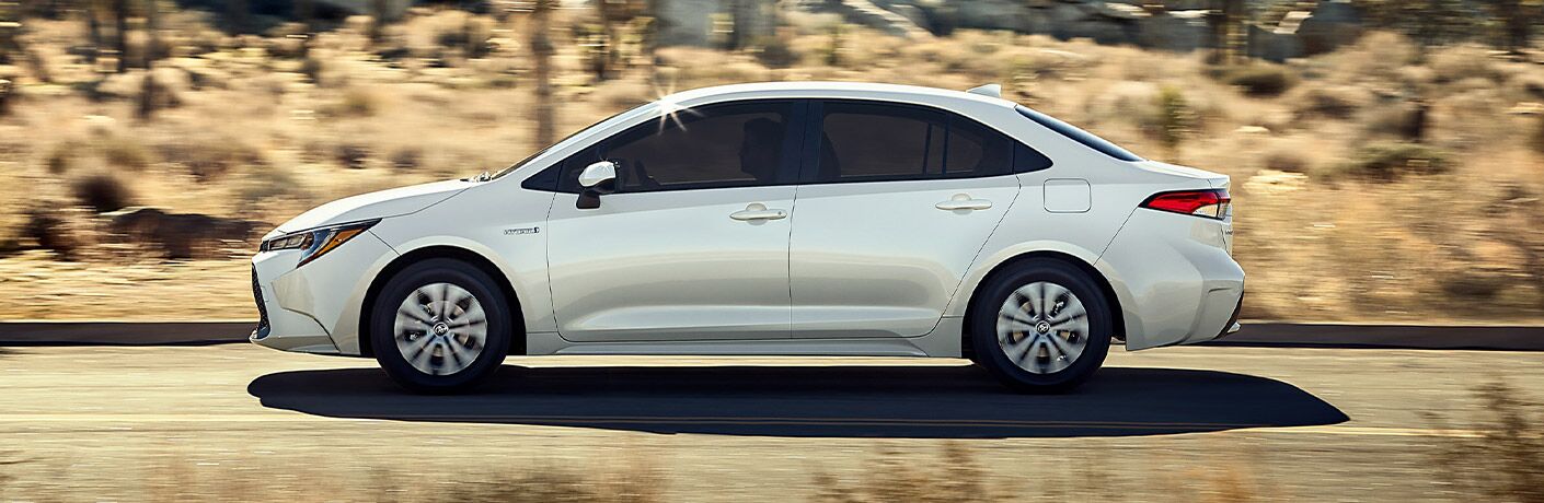 Side view of white 2021 Toyota Corolla Hybrid