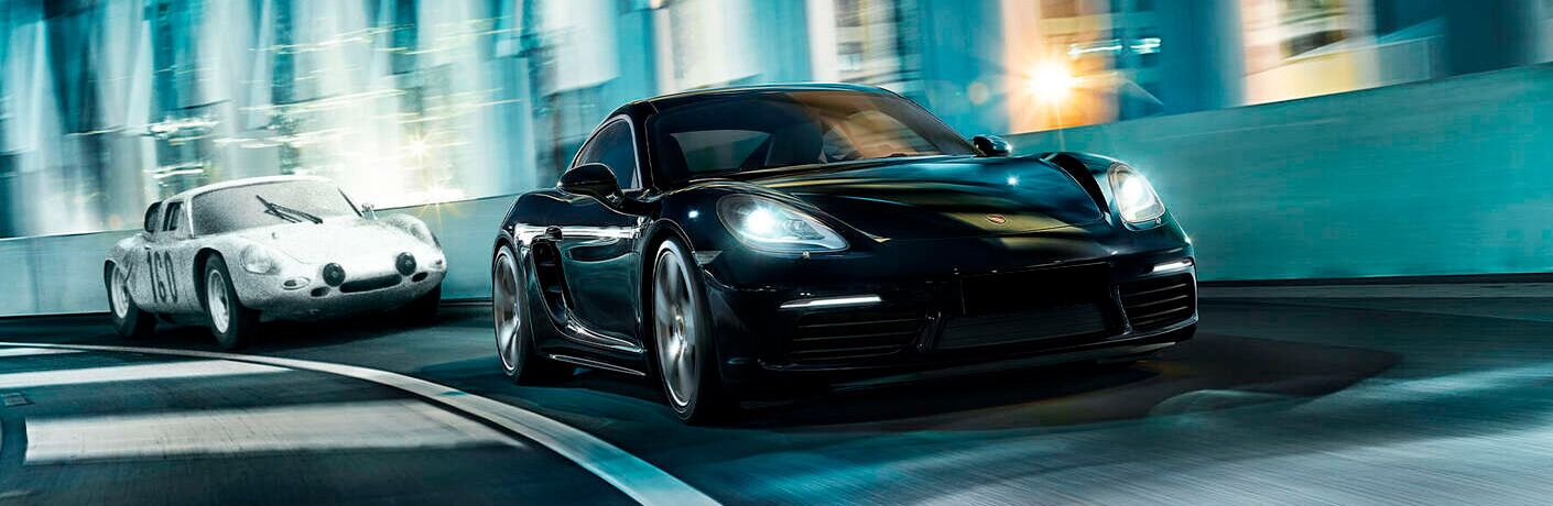 2021 Porsche 718 Cayman driving with head light on