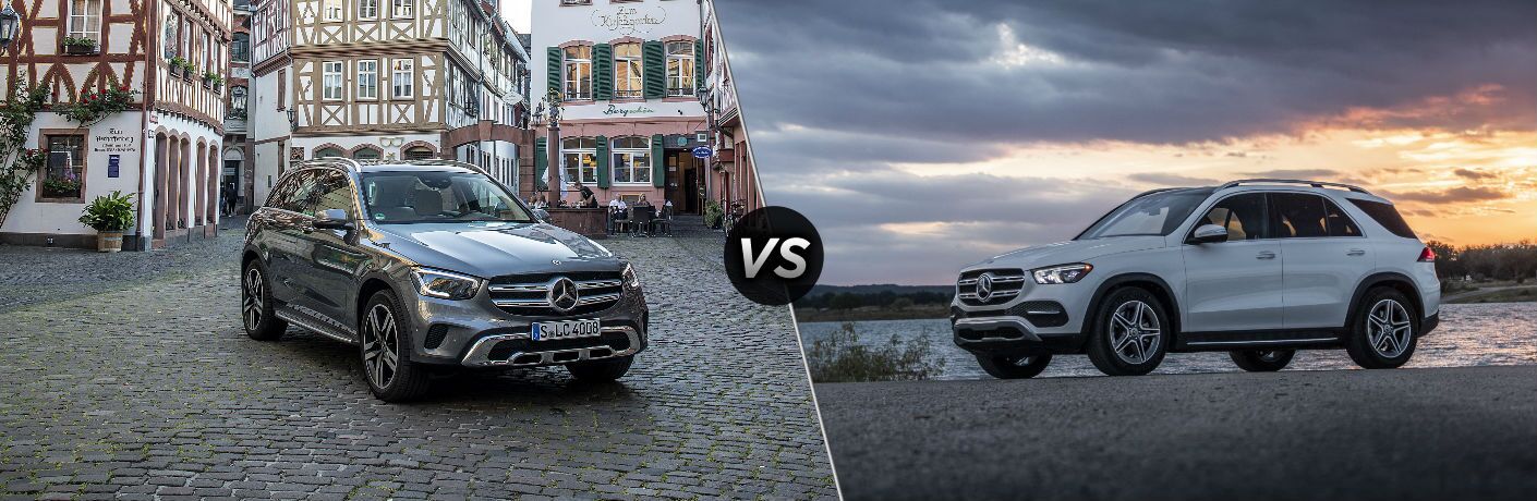 2020 MB GLC exterior front fascia and passenger side in town vs 2020 MB GLE exterior front fascia and driver side on beach with sunrise