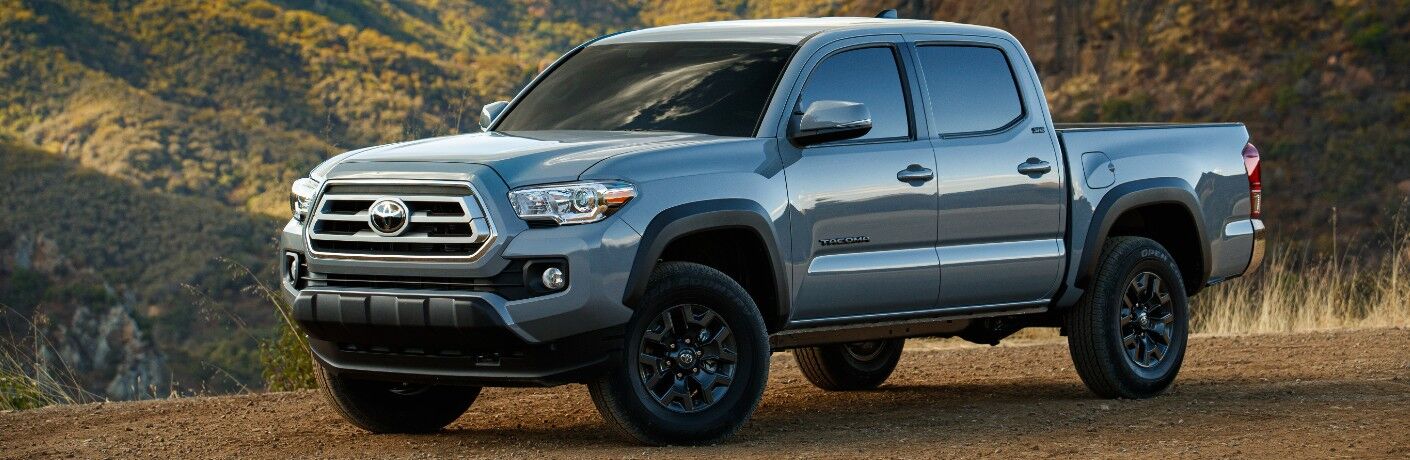 Driver's side front angle view of gray 2021 Toyota Tacoma