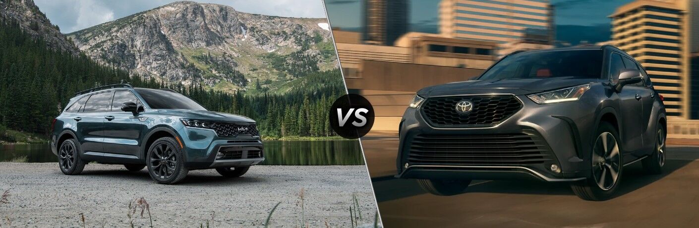 2021 Kia Sorento next to the 2021 Hyundai Santa Fe