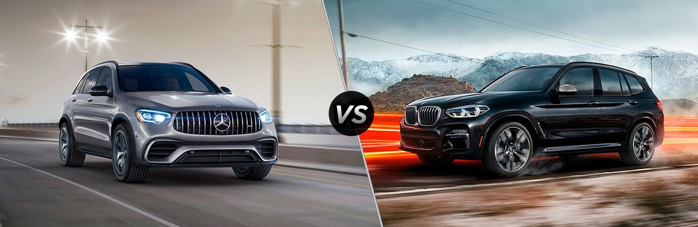 2022 MB GLC exterior front fascia passenger side vs 2021 BMW X3 exterior front fascia driver side