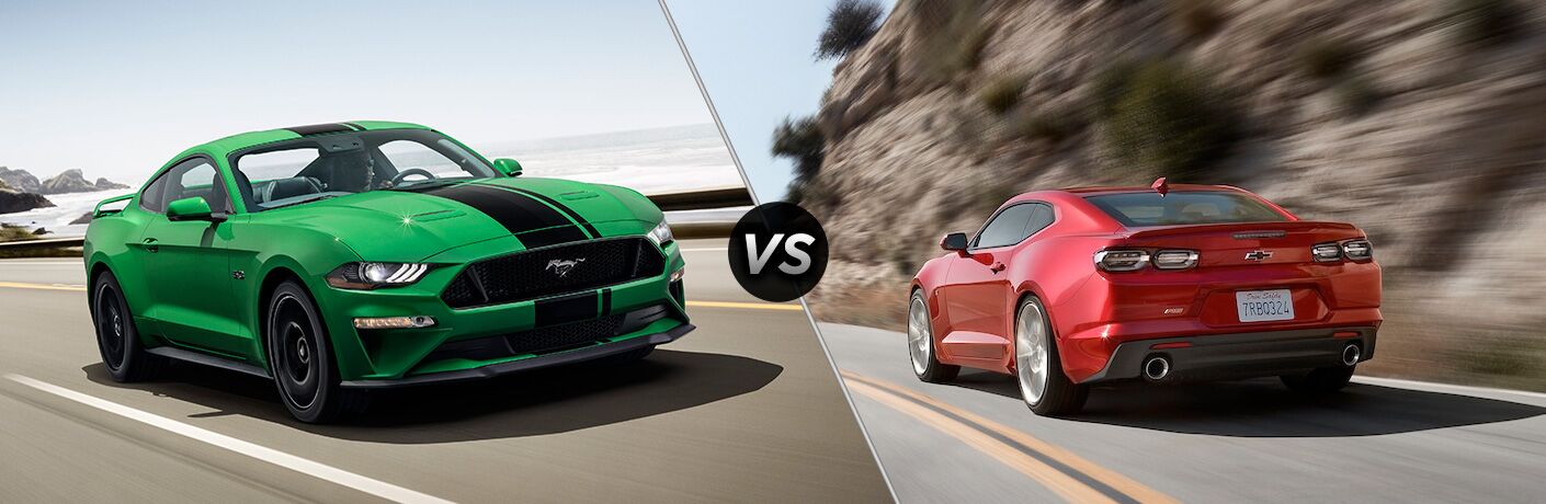 Green Ford Mustang and red Chevy Camaro in comparison photo