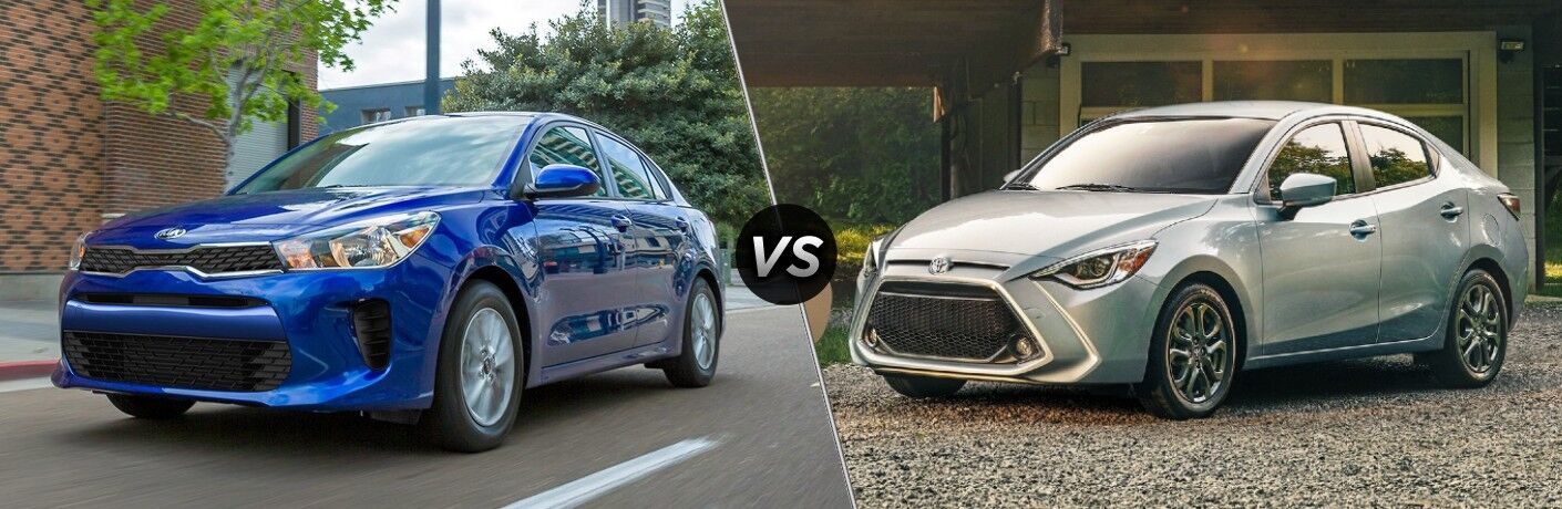 Comparison image of a blue 2020 Kia Rio and a silver 2020 Toyota Yaris