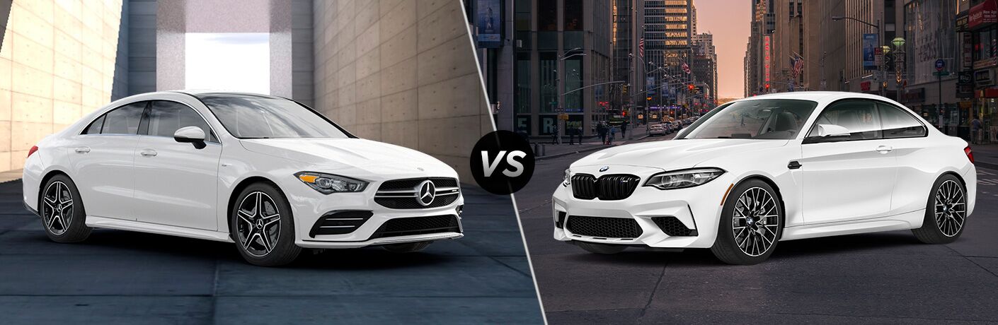 2021 MB CLA exterior front fascia passenger side vs 2020 BMW M2 Competition exterior front fascia driver side in city