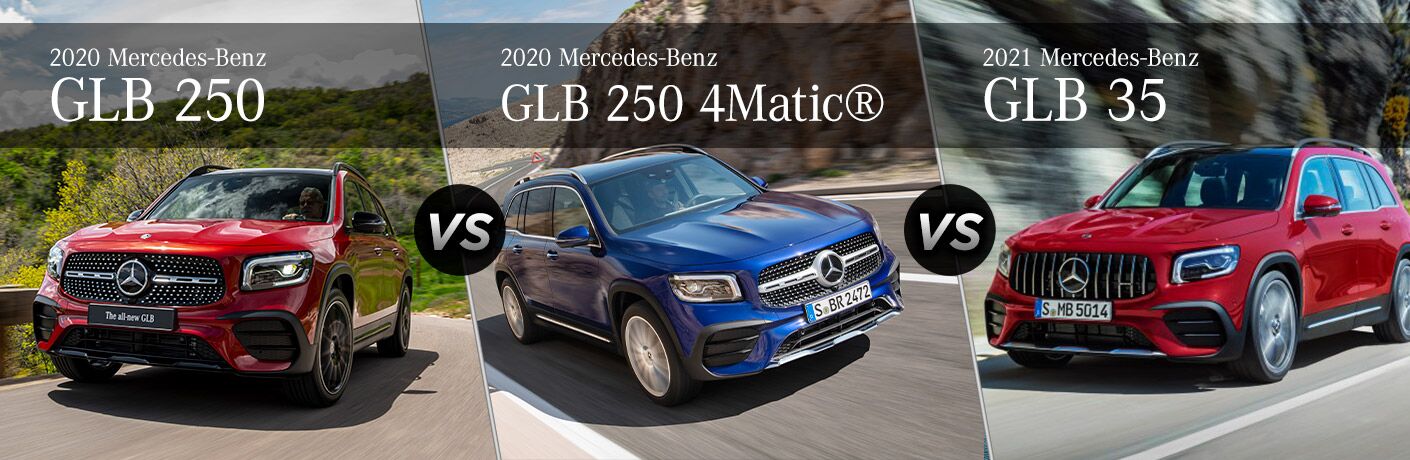 2020 MB GLB trims exterior front fascia driver side passenger side vs 2021 MB GLB exterior front fascia and driver side on blurred road