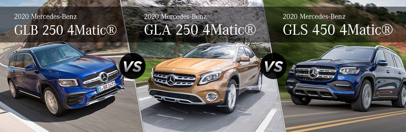 2020 MB GLB exterior front fascia and passenger side vs 2020 MB GLA exterior front fasia and driver side vs 2020 MB GLS exterior front fascia and driver side