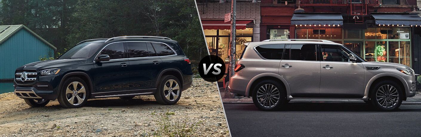 2021 MB GLS exterior front fascia driver side vs 2021 INFINITI QX80 exterior passenger side profile in town