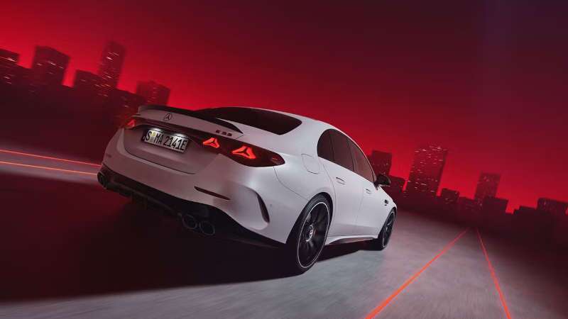 A rear external view of the 2026 AMG® E 53 HYBRID 4MATIC+ Sedan