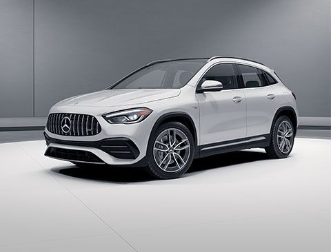 AMG GLA shown in Polar White with optional AMG body styling and 19-inch AMG twin 5-spoke wheels