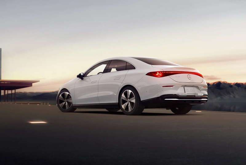 A rear quarter exterior view of the 2026 CLA 250+ Sedan with EQ Technology