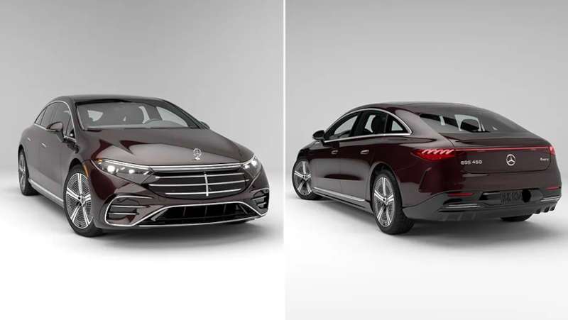 A split pane view of the front and rear exterior of the EQS 450.