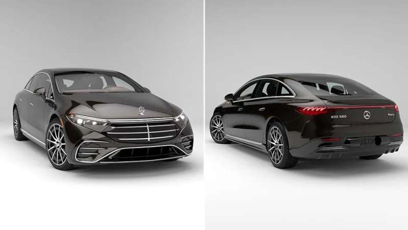 A split pane view of the front and rear exterior of the EQS 580.