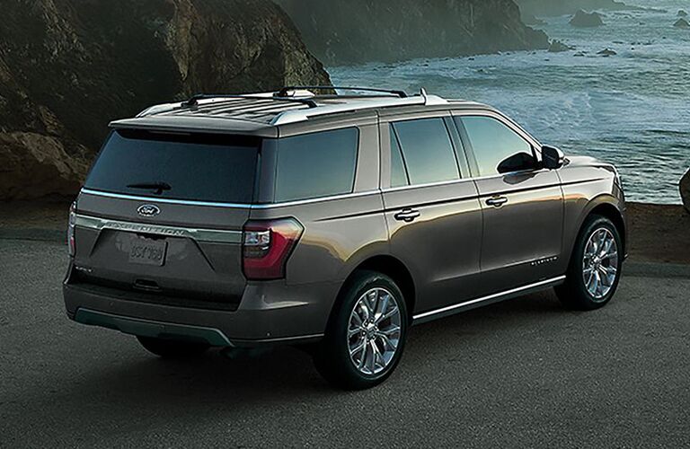 Overhead view of Ford Expedition parked at waterfront