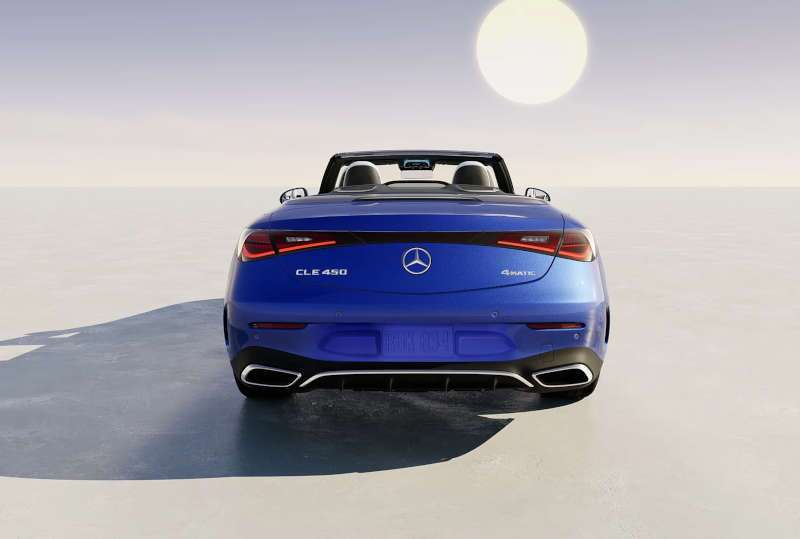 A rear exterior view of the 2026 Mercedes-Benz CLE 450 4MATIC® Cabriolet