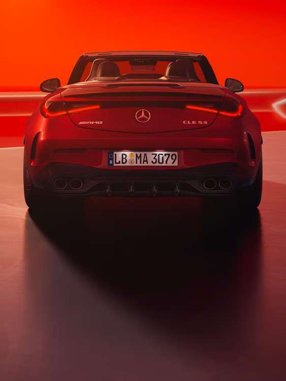 A rear exterior view of the 2026 Mercedes-AMG® CLE 53 Cabriolet