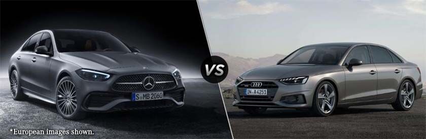 Gray 2022 Mercedes-Benz C-Class Front vs Gray 2022 Audi A4 Front