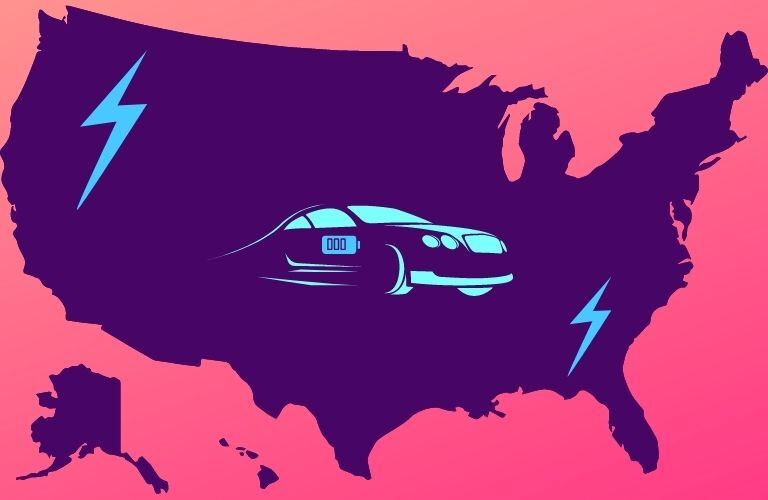 Silhouette of an EV emerges from an electrified America