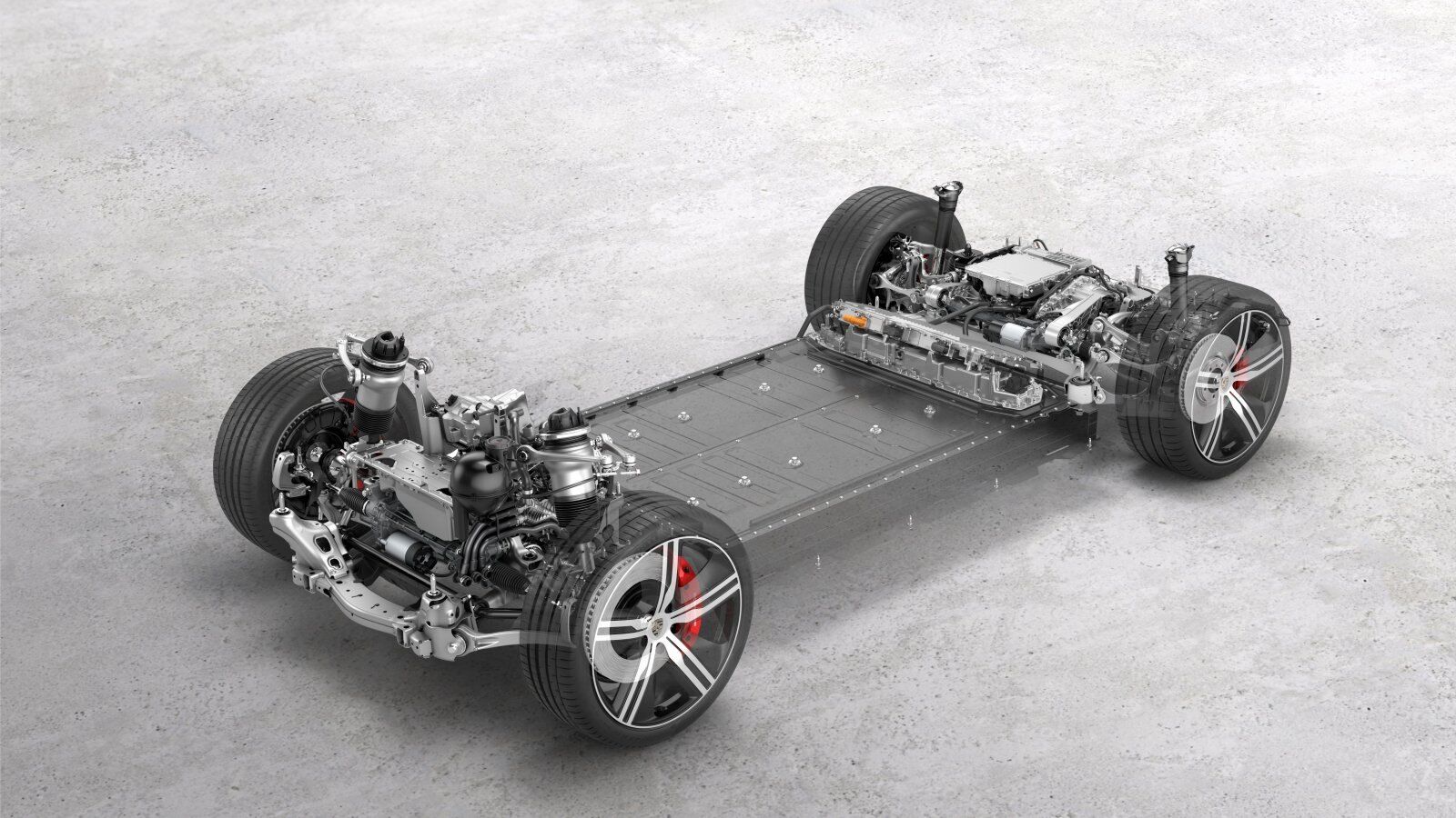 Porsche chassis cutaway showing PASM dampers and suspension – Champion Porsche Pompano Beach, FL