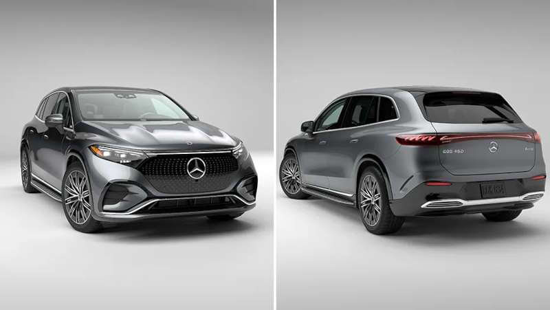 A split pane view of the front and rear exterior of the 2025 Mercedes-Benz EQS 450+ SUV near Scottsdale