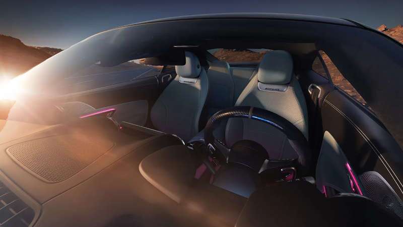 A cockpit view as seen through the windshield of the 2025 Mercedes-Benz AMG® GT 55