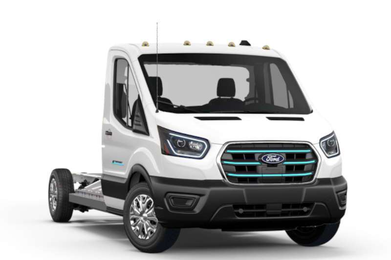 A front quarter view of the 2026 Ford E-Transit Cutaway