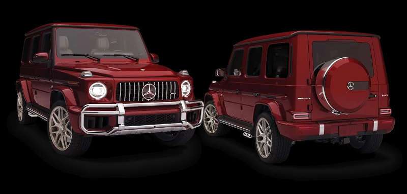 A front and rear 3/4 exterior view of the Mercedes-Benz G-Class