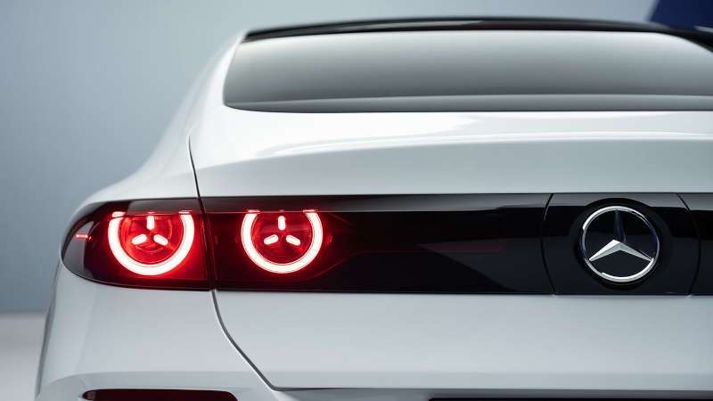 A rear exterior view of the 2027 Mercedes-Benz Electric C-Class Sedan
