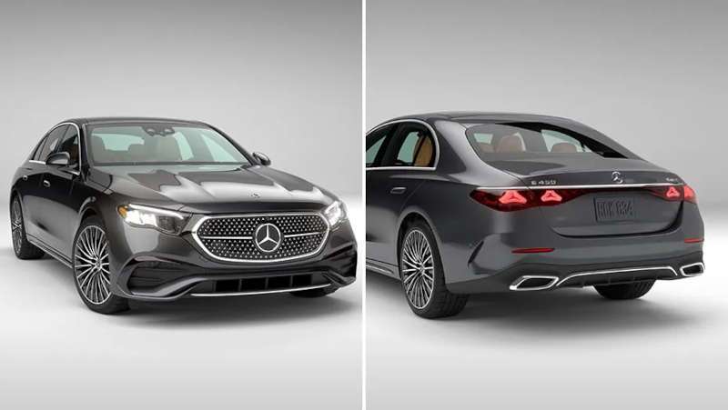 A split pane view of the front and rear exterior of the 2025 Mercedes-Benz E 450 4MATIC® Sedan near Scottsdale
